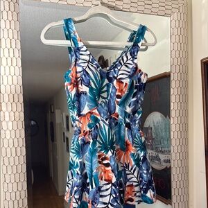 Maxine of Hollywood Teal Blue Orange Tropical One-Piece Swim Dress